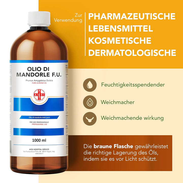 AIESI® Mandelöl Süss Ph.Eur. 100% rein kaltgepresst (1 Liter Flasche), Für pharmazeutische, lebensmi