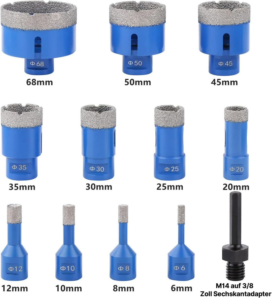 12 Stück/Satz Diamant Fliesenbohrer Set, 6–68mm M14 Gewinde Vakuumgelöteter Diamantbohrer Set mit 3/