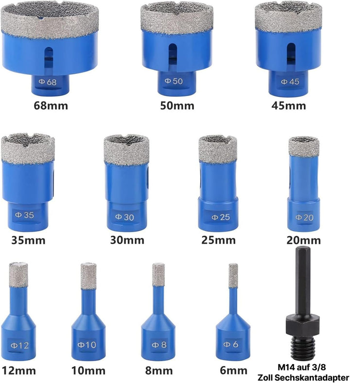 12 Stück/Satz Diamant Fliesenbohrer Set, 6–68mm M14 Gewinde Vakuumgelöteter Diamantbohrer Set mit 3/