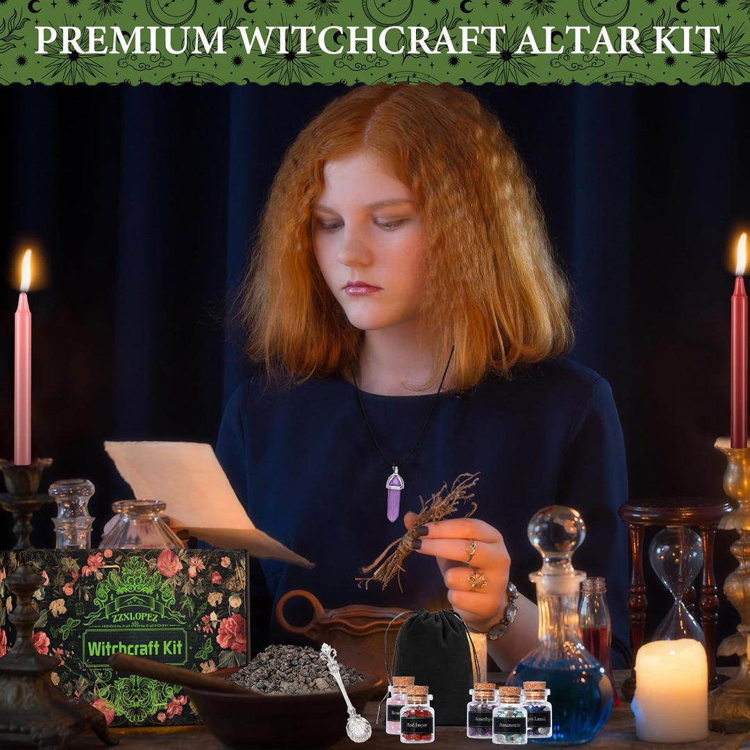ZZXLOPEZ Starter Witch Kit 122 Stück Witchcraft Kit, Kerzen Kleine, Trockenblumen, Kristallen, Messl
