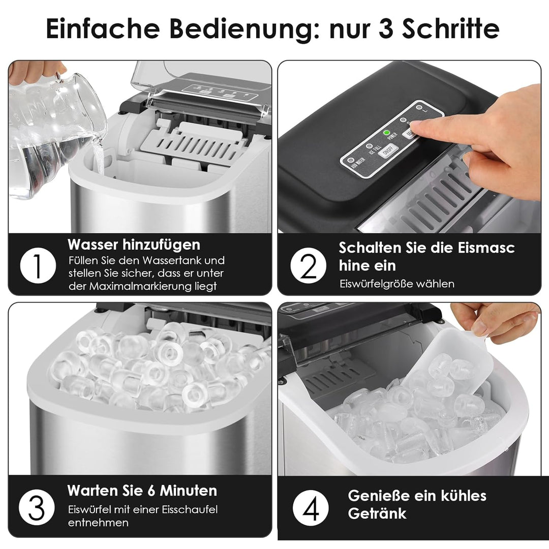 Eiswürfelmaschine, Eiswürfelbereiter Edelstahl, 9 Eiswürfel in 6 Minuten, 12kg/24h, 2 Eiswürfel-Grös