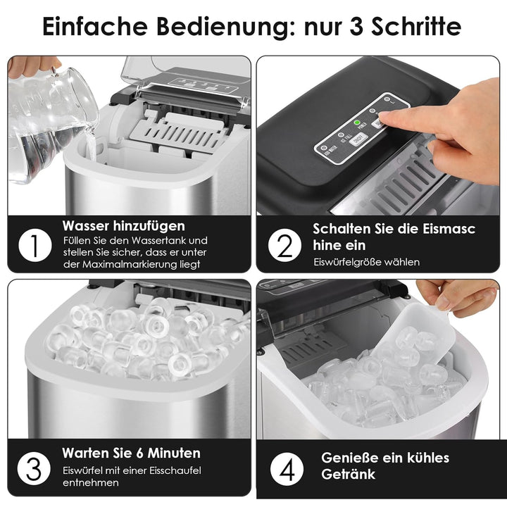 Eiswürfelmaschine, Eiswürfelbereiter Edelstahl, 9 Eiswürfel in 6 Minuten, 12kg/24h, 2 Eiswürfel-Grös