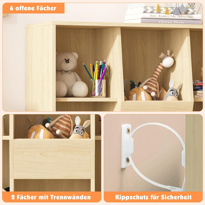 NACHES Bücherregal Kinder Bücher Aufbewahrung 90 x 30 x 90cm (Weiss) (Natur) | , Kinderregal mit 8 O