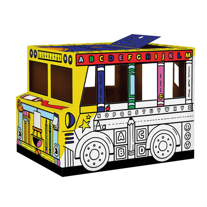 BANKERS BOX Colour-In School Bus Cardboard Playhouse für Kinder (114,3 x 78,74 x 83,82cm) - Craft Ac
