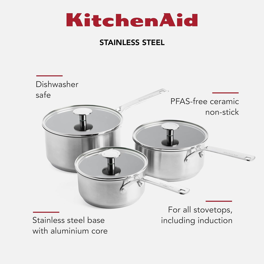 KitchenAid Stainless Steel Stielkasserollen-Set (16cm, 18cm & 20cm), PFAS-freie keramische Antihaftb