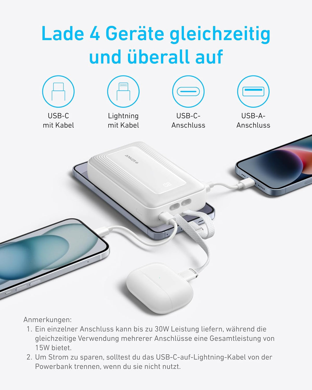 Anker Zolo Powerbank 20000mAh 30W Max, integriertes USB-C &amp; Lightning Kabel