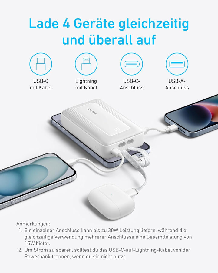 Anker Zolo Powerbank 20000mAh 30W Max, integriertes USB-C &amp; Lightning Kabel