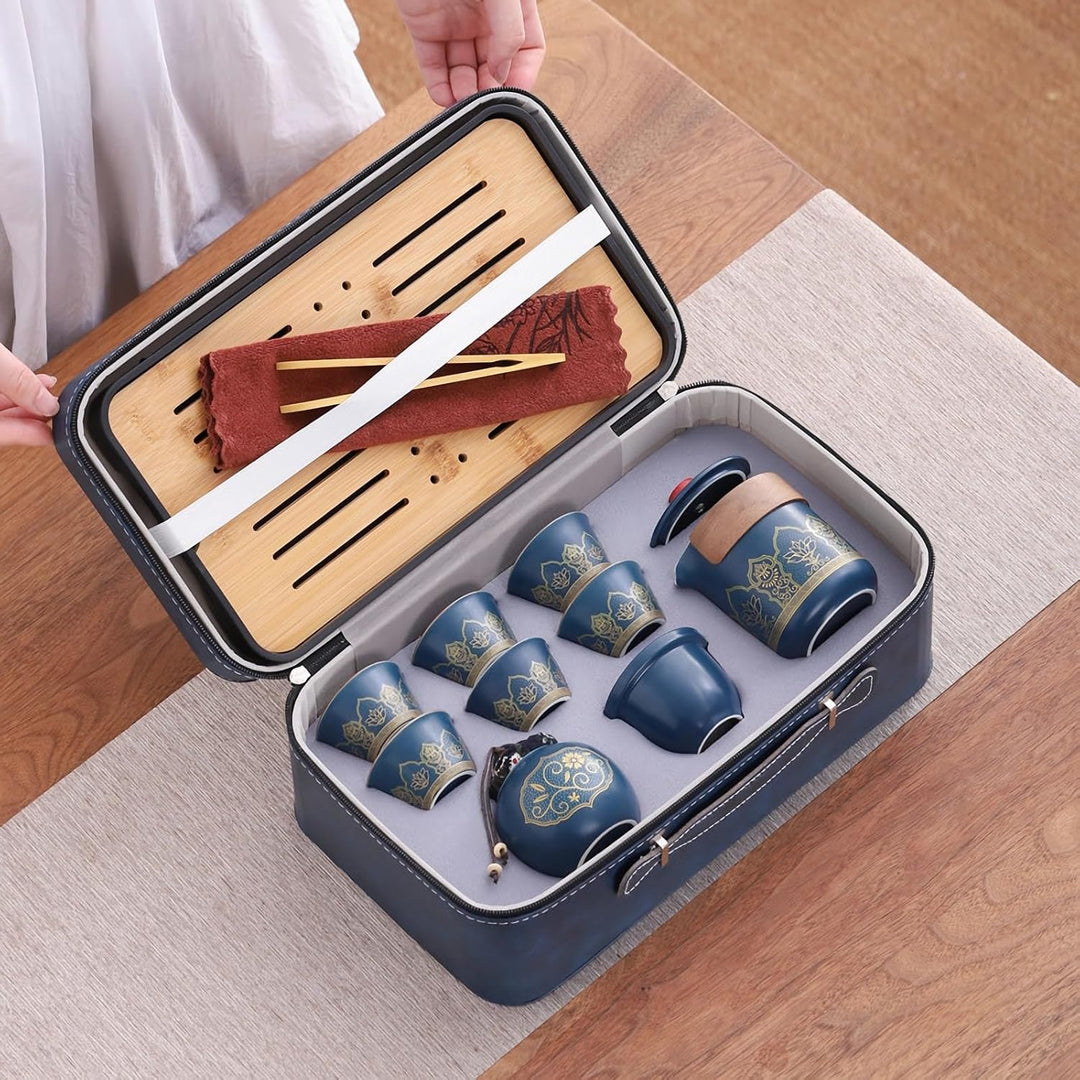 Teeservice aus Porzellan, Chinesischer Reise Tee Set mit 6 Keramik Tassen, Klein Teekanne mit Eingeb