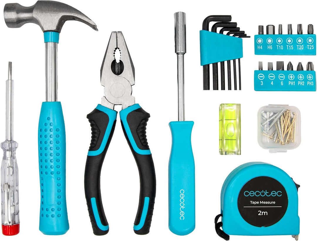 Cecotec Werkzeugbox ToolBox EasyGo. Mini-Set mit Hammer, Massband, Zange, Wasserwaage, Fein-Schraube