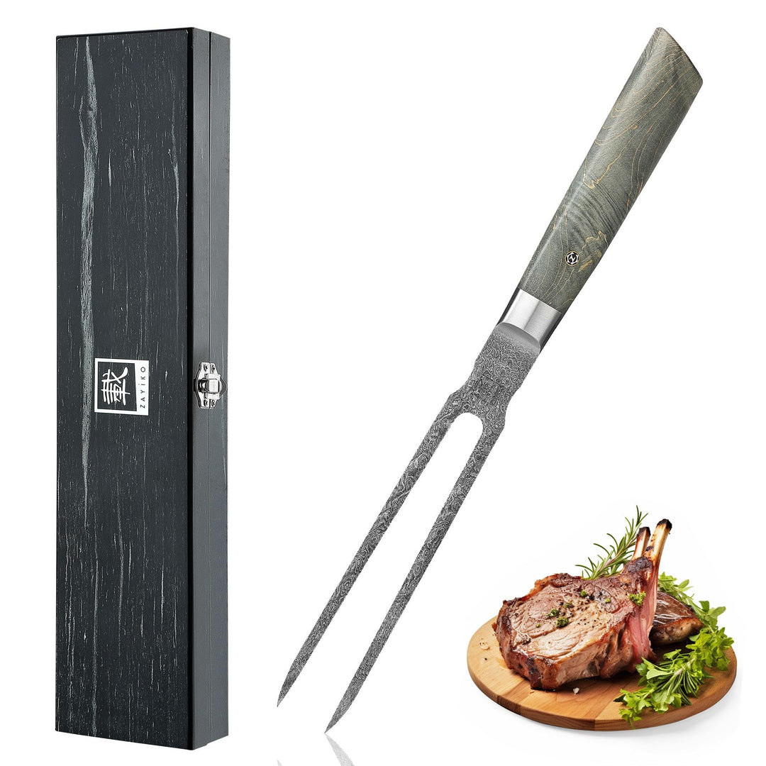 zayiko Professional Series Damast Fleischgabel 18 cm Klinge gefertigt aus 67 Lagen Damaststahl I Tra