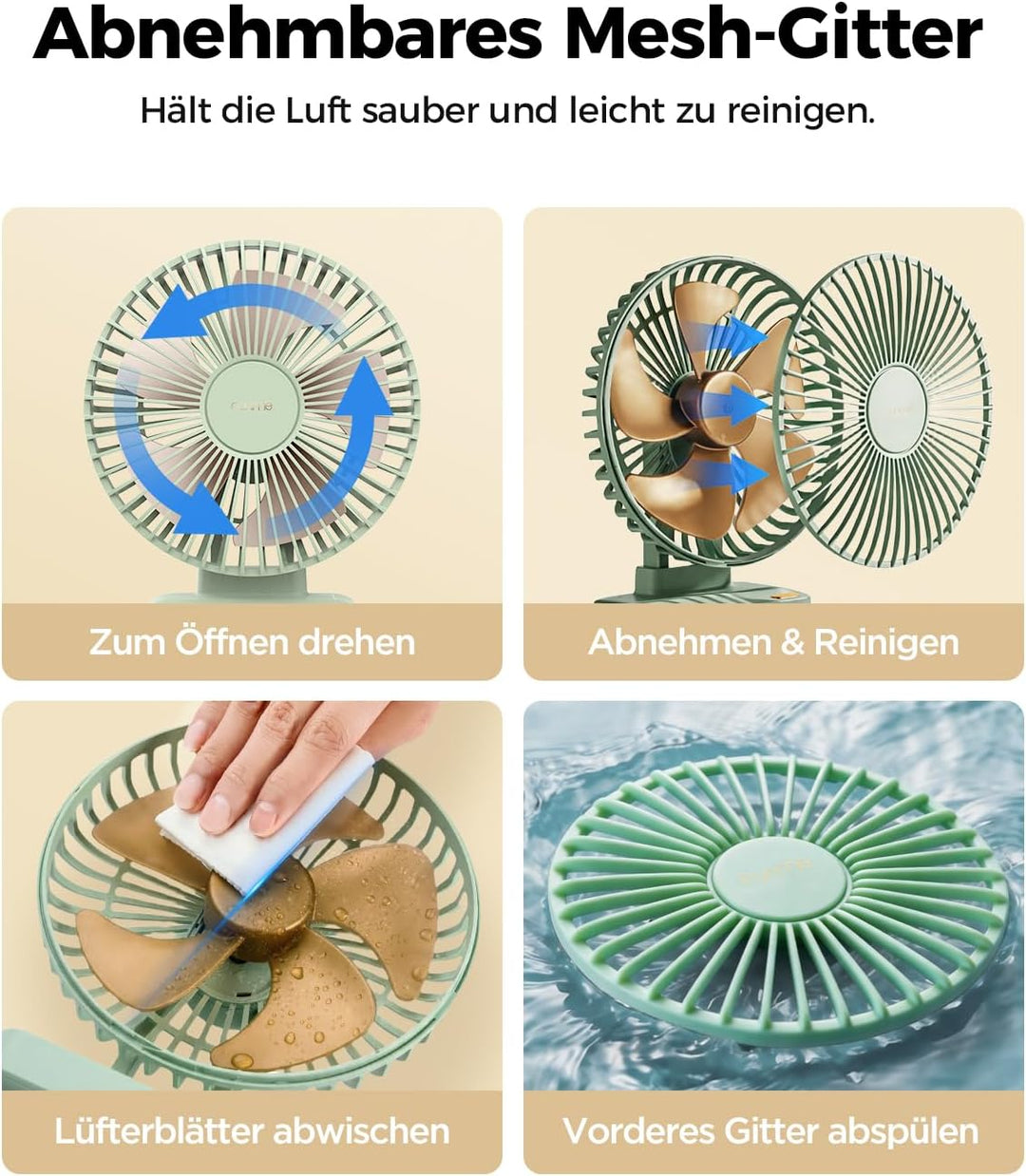 Funme Tischventilator 10000mAh Akku 29H, 90° Neigbar 3-Stufen Desktop Ventilator Leiser, Ventilator