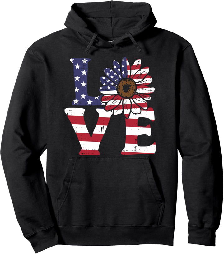 Love Sunflower American Flag Patriot 4th Of July Women Girls Pullover Hoodie
