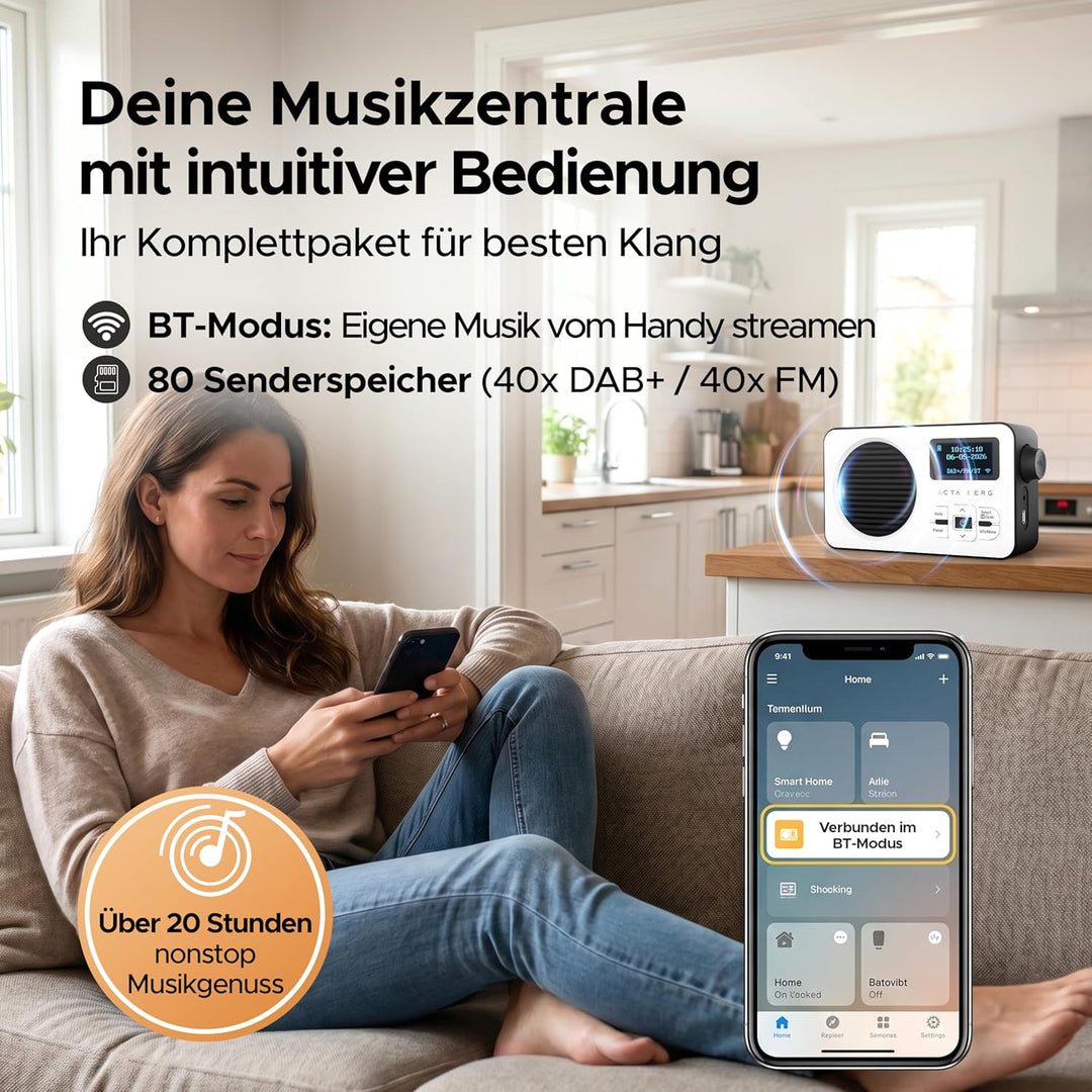 Acta Berg DAB Radio mit Akku 5000mAh austauschbar | Küchenradio mit BT 5.3 | DAB+/UKW-Radio | Digita