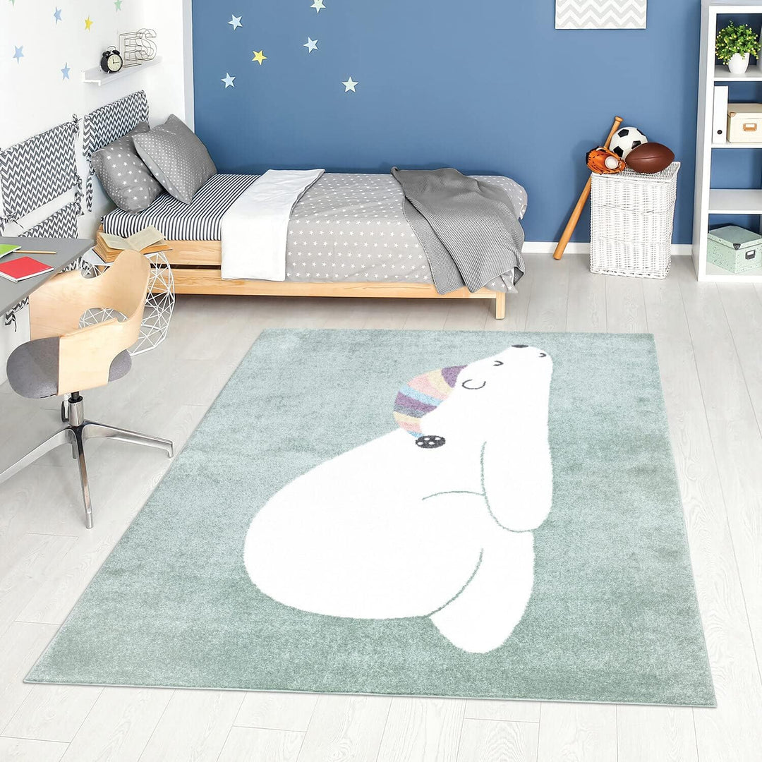 carpet city Teppich Kinderzimmer Tier-Motiv - Mint-Grün - 160x230 cm - Kinderteppich Kurzflor Bär mi