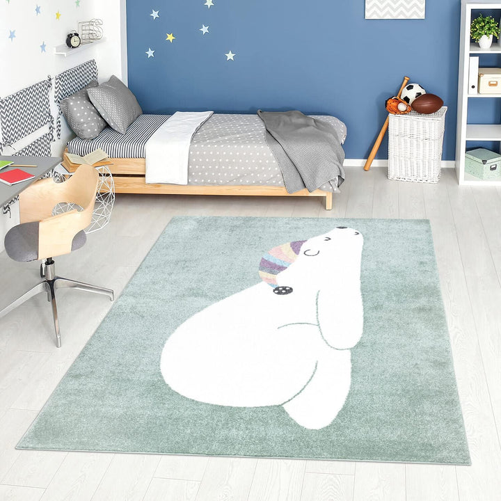 carpet city Teppich Kinderzimmer Tier-Motiv - Mint-Grün - 160x230 cm - Kinderteppich Kurzflor Bär mi