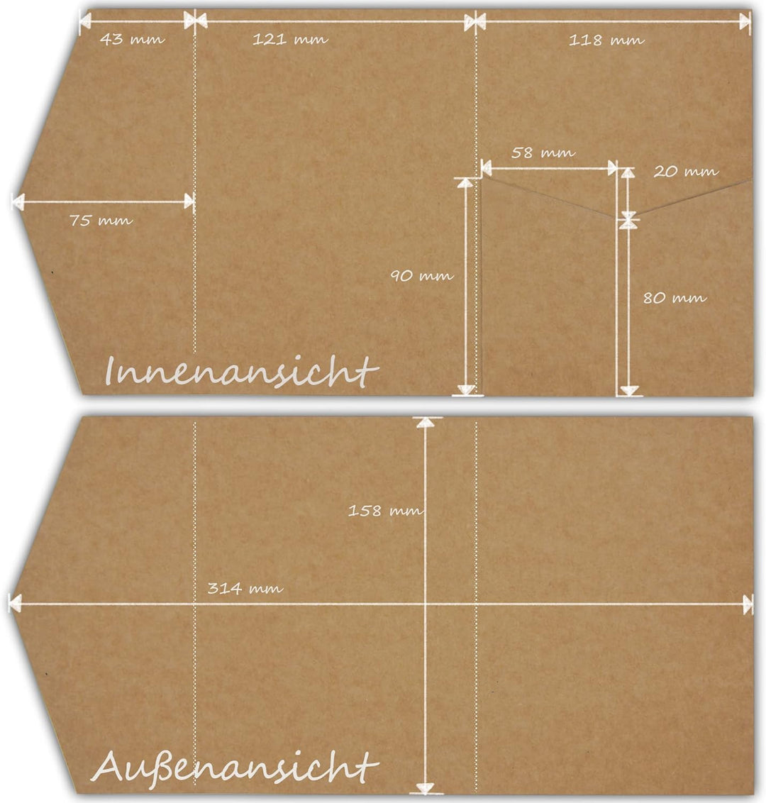 50 Stück Pocketfold Kraftpapier Hochzeitskarte blanko I 121 x 158 mm für DIN B6 Umschlag | 300 g/m²