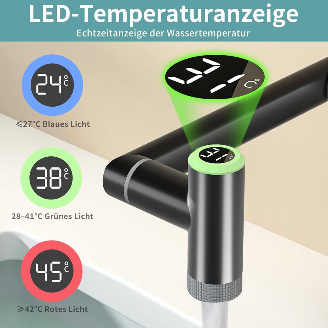 Einloch Waschtischarmatur mit Temperaturanzeige, Einhand Armatur Badezimmer, 1080° schwenkbare Badar