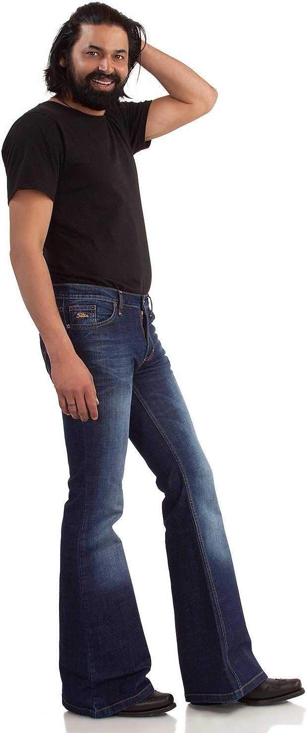 Comycom 70er Herren Blue Jeans dunkelblau Used - Jeans-Schlaghose für Männer, dunkle Vintage Bootcut