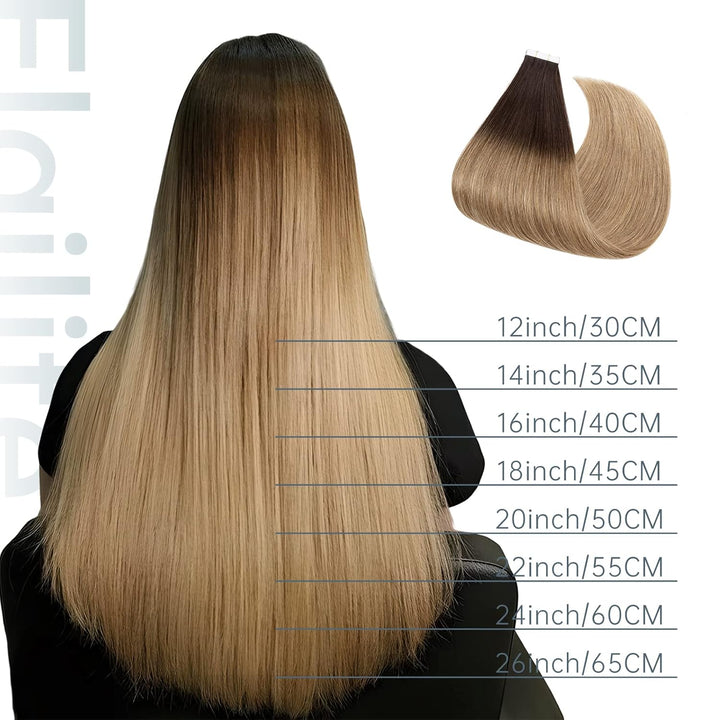 Elailite Echthaar Extensions Tape in 40g #4T27 Mittel braun Ombre Dunkelblond, 20 Stück/Packung Real