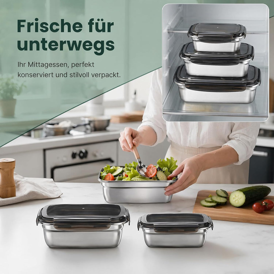3pcs Brotdose Edelstahl mit Deckel Luftdicht (350ml, 850ml, 1800ml) | Auslaufsichere lunchbox Edelst