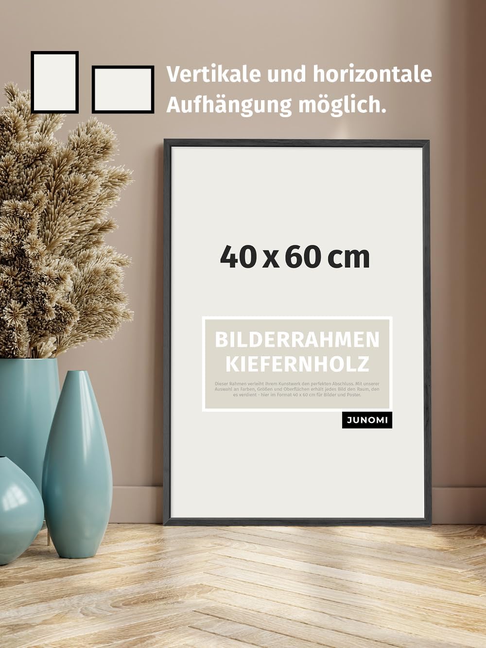 JUNOMI® Bilderrahmen 40 x 60 cm Holz | Farbe Schwarz | Bilderrahmen Schwarz mit bruchsicherem Acryl-