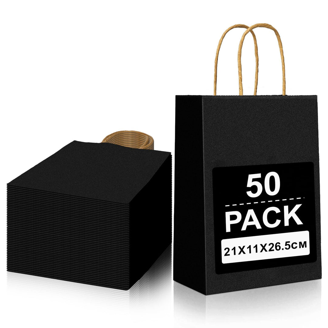 Gucass 50 Stück Mittel Papiertüten mit Henkel, Schwarz Kraft Papiertaschen Geschenktüten, 21x11x27cm