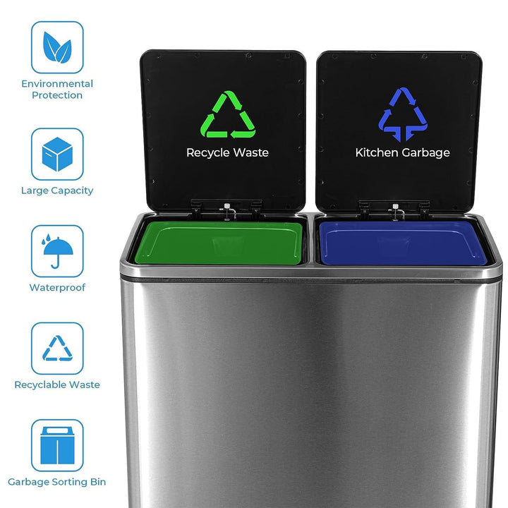 LIFERUN Mülleimer 2 Fächer, Abfalleimer Küche 60L (2x 30 Liter), aus Metall, mit Softclose Deckel, 2