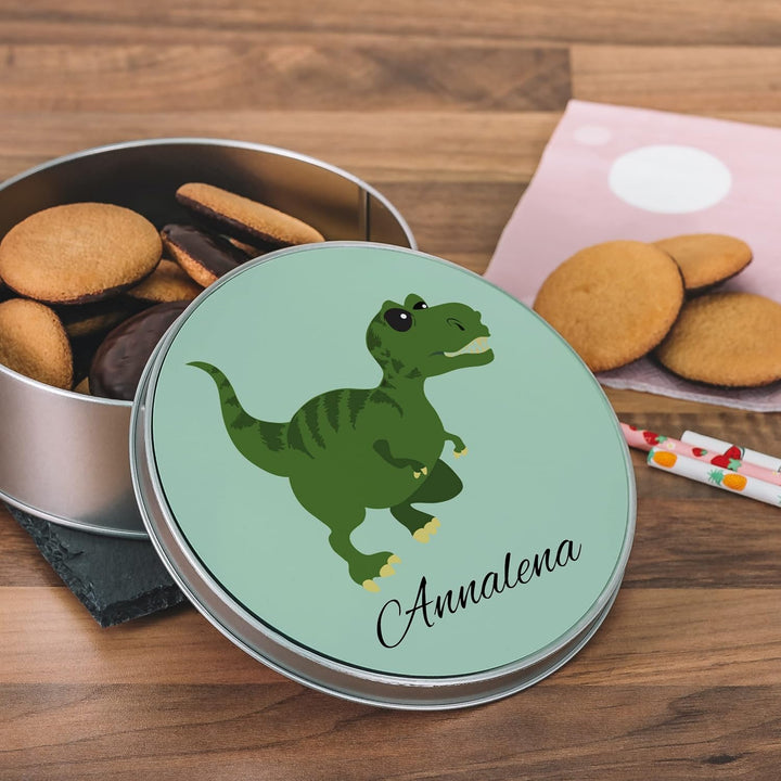 stempel-fabrik Geschenkdose Rund mit Aufdruck - Motiv Dinosaurier - Personalisiertes Geschenk - Keks