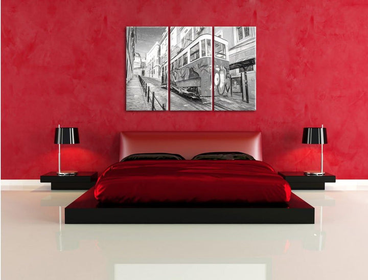 Pixxprint Strassenbahn in Portugal 3Teiler 120x80 cm Leinwandbild Wandbild Kunstdruck
