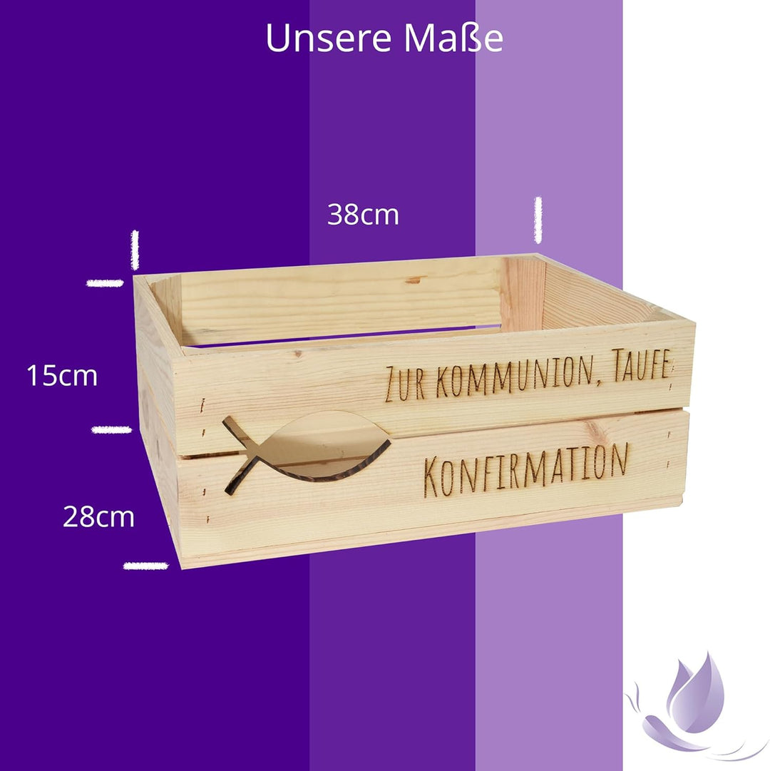 Holzkiste Personalisiert mit Wunschtext Fisch zur Taufe Kommunion Konfirmation - Gravierte Erinnerun