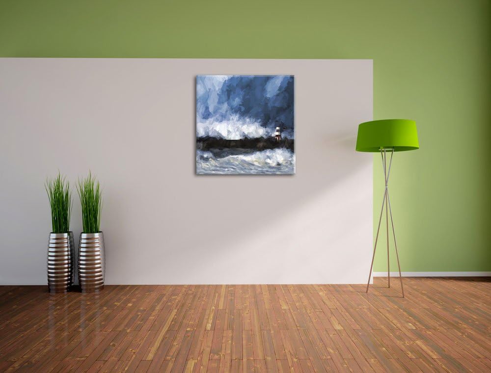 Pixxprint Tobendes Meer mit Leuchtturm als Leinwandbild/Grösse: 70x70 cm/Wandbild/Kunstdruck/fertig