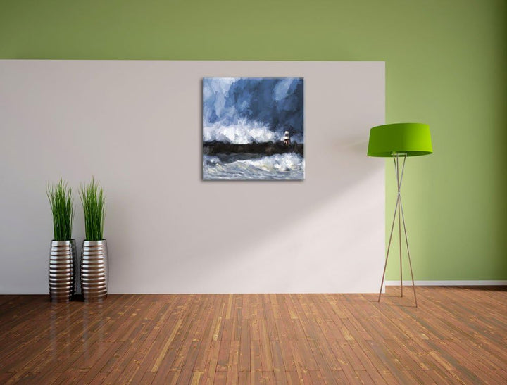 Pixxprint Tobendes Meer mit Leuchtturm als Leinwandbild/Grösse: 70x70 cm/Wandbild/Kunstdruck/fertig