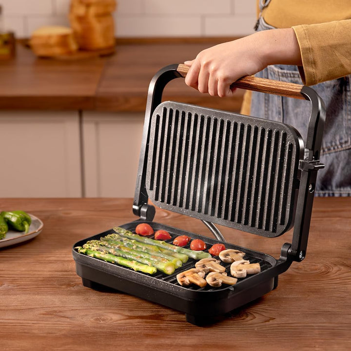 Cecotec Elektrischer Grill Rock'Ngrill 1300 Wood B. Leistung von 1300W, schwarzes Design, Rockstone-