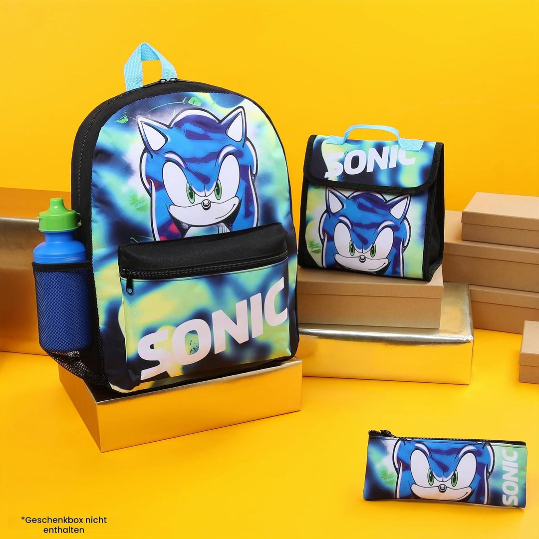 SONIC THE HEDGEHOG Schulrucksack Jungen Set, 4 STK. Rucksack Kinder Set Shadow Knuckles Trinkflasche