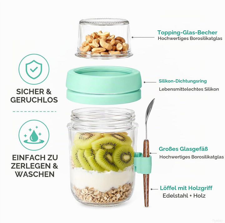 4er Set Müslibecher to Go mit Löffel, 480ml+120ml Overnight Oats Gläser, Joghurtbecher to go mit Dop
