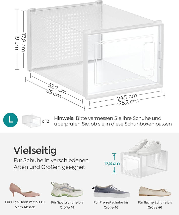 SONGMICS Schuhboxen, 18er Set, Aufbewahrungsboxen für Schuhe, Schuh-Organizer, Kunststoffboxen, falt