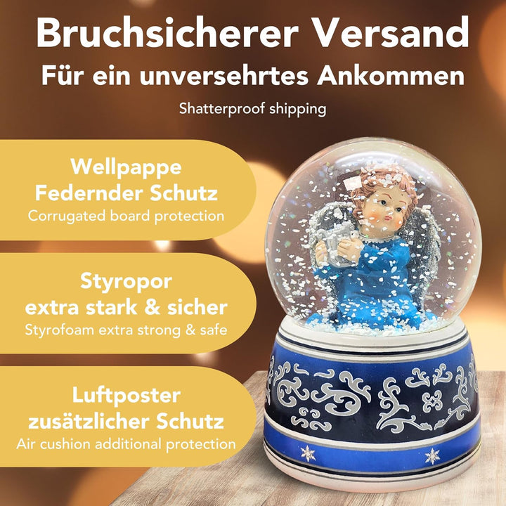 Schneekugel Weihnachten mit Musik | Engel blau mit Harfe Silber | Sockel blau-Silber Ornamente | H: