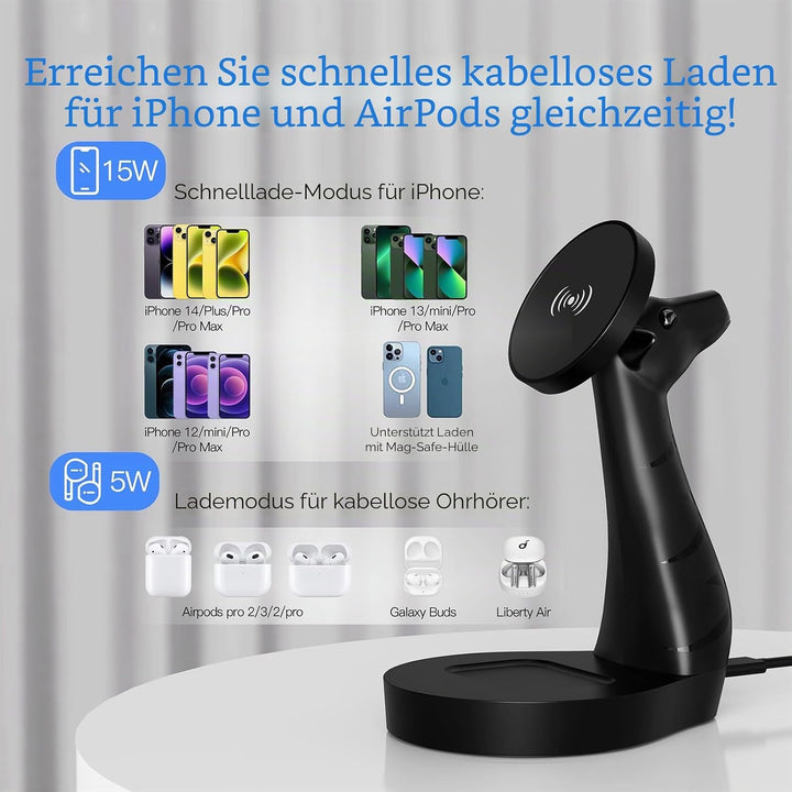 ALACOO 2-in-1 Induktive Ladestation für iPhone 17/16/15/14/13/12, Air Pods Pro/2/3/4 - Magnetische S