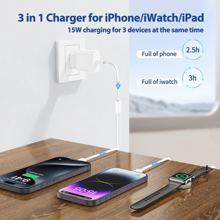 Apple Watch Ladekabel Original USB C für iWatch und iPhone, 3 in 1 Kabel 2M mit Ladegerät iPhone Sch