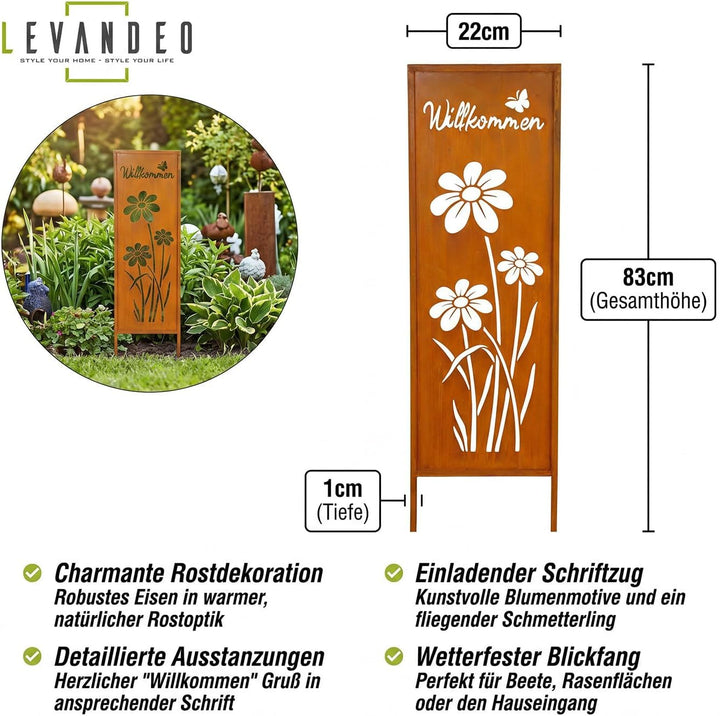 levandeo Gartenstecker Willkommen H83cm Stele Rost Rostdeko Braun Schmetterling Garten-Deko Gartenst