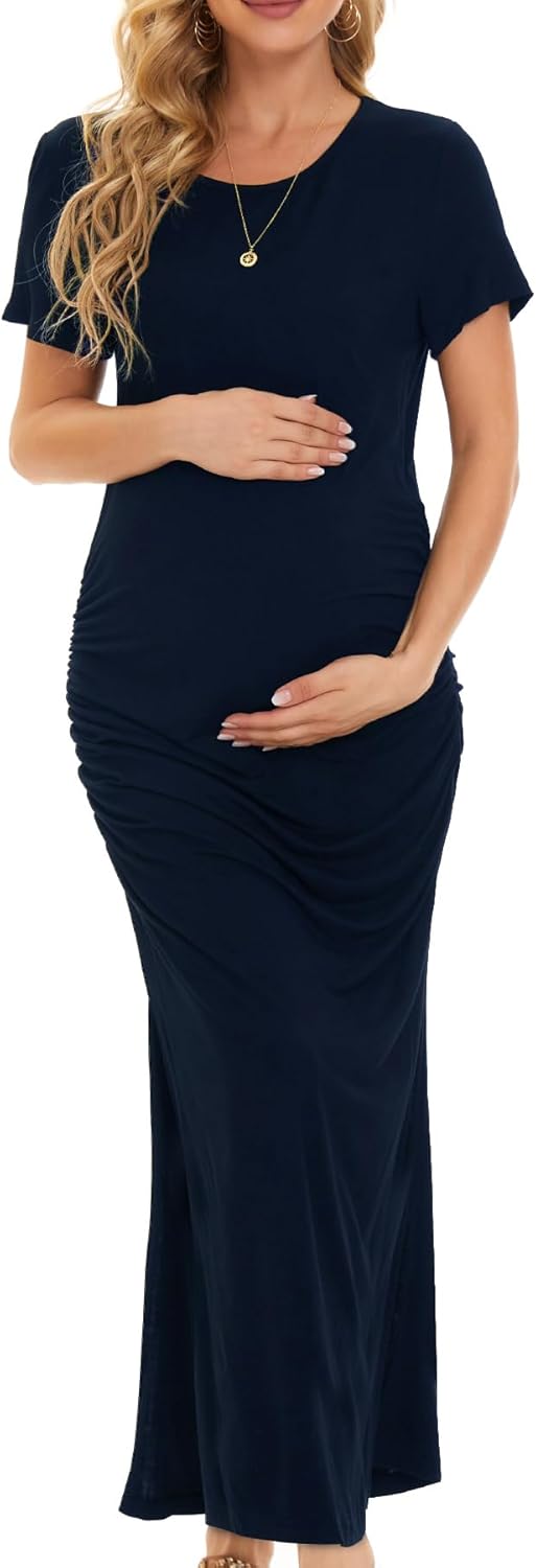Smallshow Damen Lang Split Umstandskleid Sommer Kurzarm Umstandsmode M Marine, M Marine