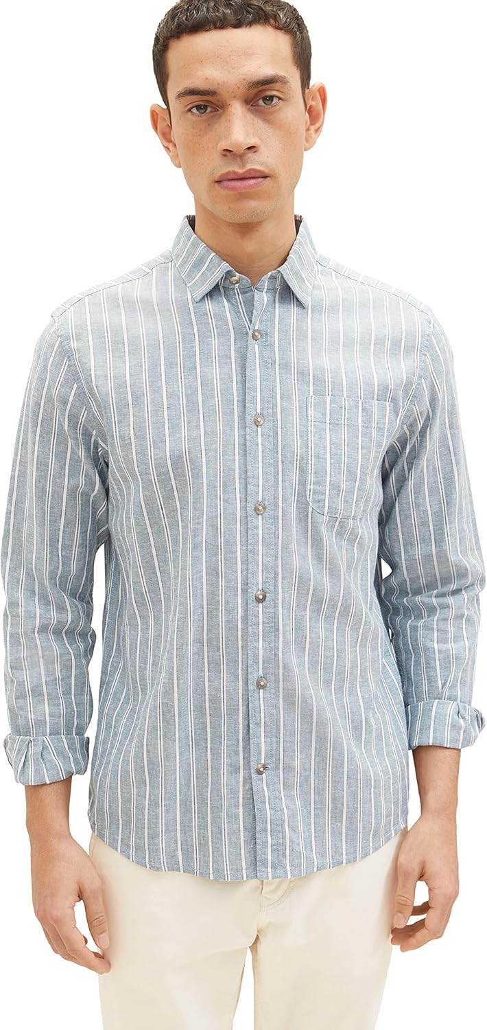 TOM TAILOR Herren Hemd mit Muster aus Leinen XL 31247 - Bluish Green Off White Stripe, XL 31247 - Bl