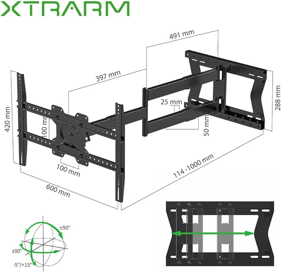 XTRARM TiTon 100 cm Wandabstand TV Wandhalterung, Langer Schwenkarm, neigen, schwenken, rotieren, au