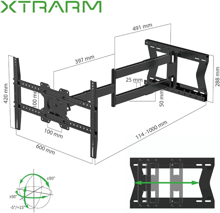 XTRARM TiTon 100 cm Wandabstand TV Wandhalterung, Langer Schwenkarm, neigen, schwenken, rotieren, au