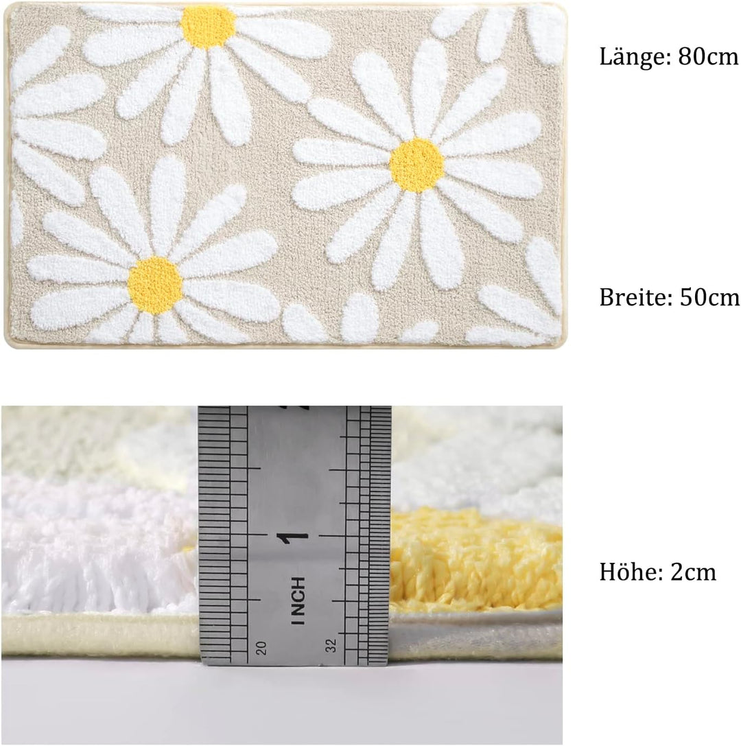 QJHOMO Beige Badezimmerteppich Niedliche Gänseblümchen Badematte rutschfest Waschbar Badteppich Weis