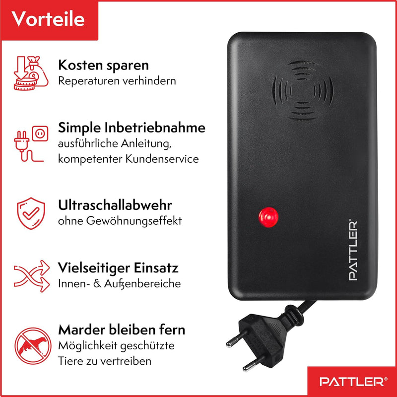 PATTLER® Marderschreck mit Stecker für 60m² - perfekt für Dachboden, Haus, Garten, Garage - Anschlus