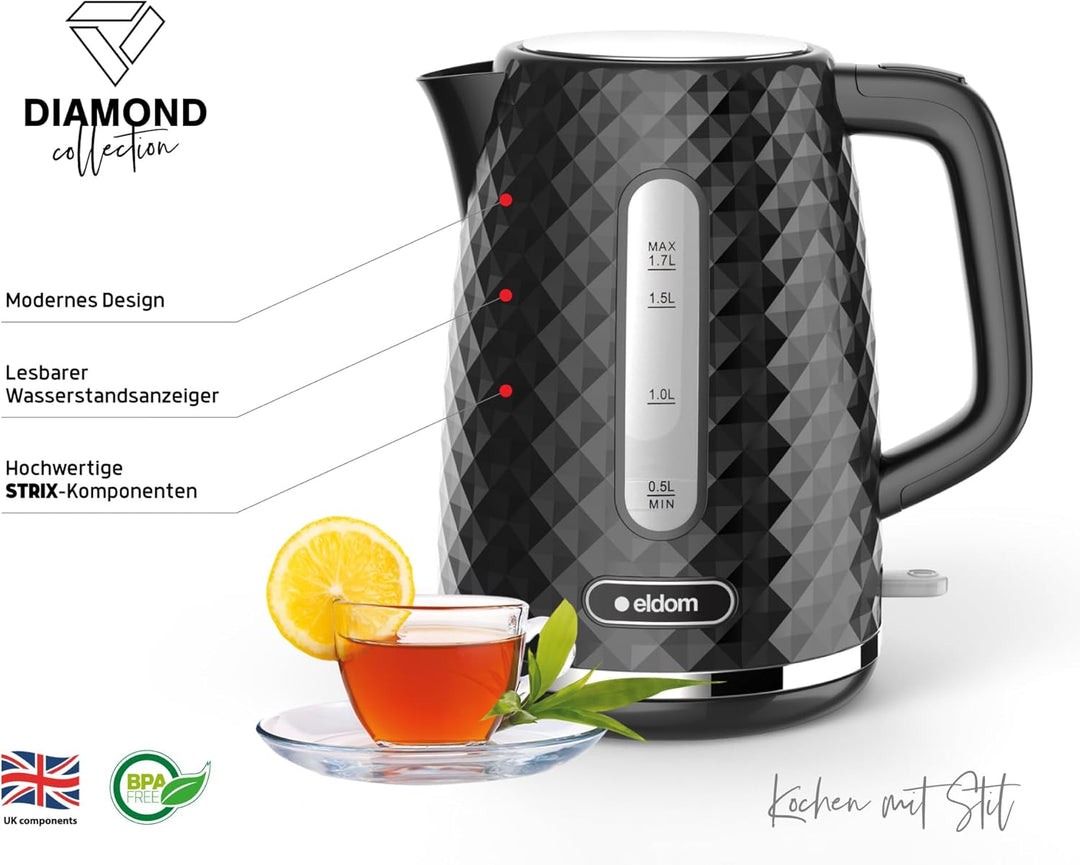 eldom C280 Wasserkocher | 1,7 Liter Kapazität | Retro Teekocher mit 2200W Leistung | 360°-Sockel | W