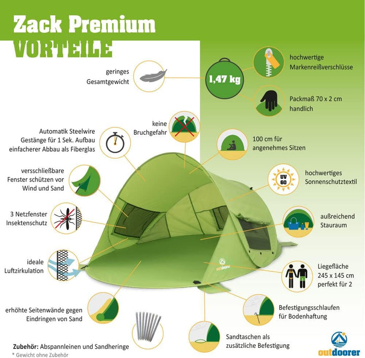 outdoorer Pop up Strandmuschel Zack Premium - Wurfmuschel mit UV 80 Sonnenschutz, Strandzelt, Windsc