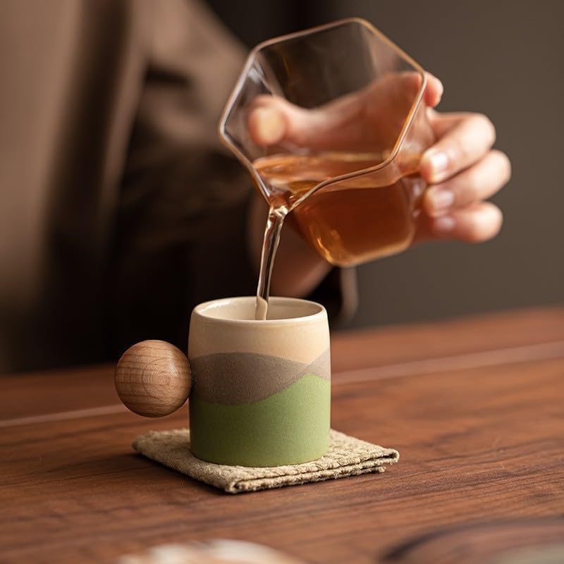 Espressotassen Keramik 82ml 4er-Set gerader Griff | Holzgriff, Farbverlauf, Demitasse, Geschenk-Box-