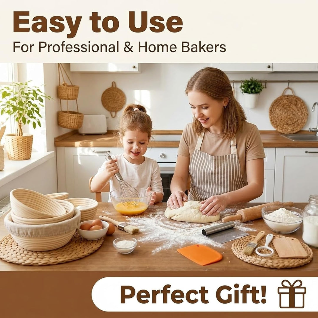 Sauerteig Starter Set mit Gärkörbchen Rund und Oval 2er Set Profi Brotbackset mit Sauerteigglas Teig